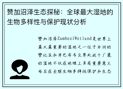 赞加沼泽生态探秘：全球最大湿地的生物多样性与保护现状分析